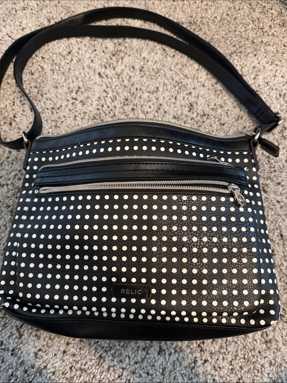 Relic by Fossil Black White Polka Dot Shoulder/Crossbody Bag Purse Zip Pockets